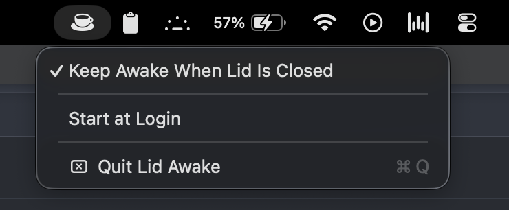 LidAwake menu open in the macOS menu bar with the filled coffee cup icon and Keep Awake When Lid Is Closed checked